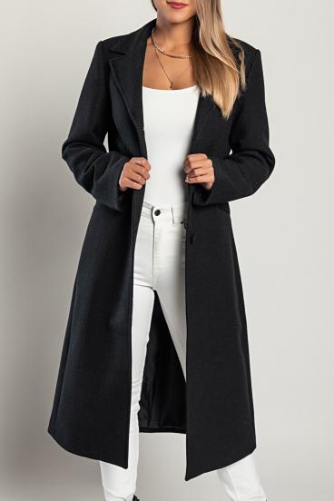Elegáns hosszú kabát klasszikus gallérral, fekete